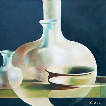 Mysterious composition of vases and bowls by Ine Straver