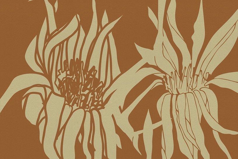 Grote witte bloemen op okergeel. Minimalistische botanische kunst van Abstract Minimalist Art
