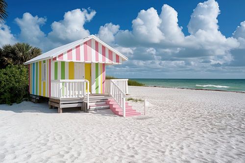 beach house on a beach by the sea with blue skies.