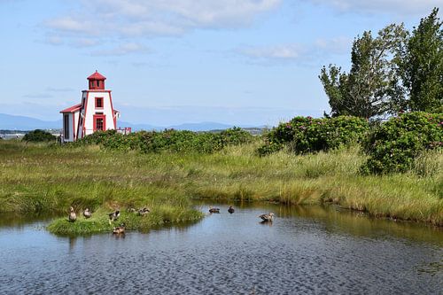 Een kleine vuurtoren aan de oevers van de rivier