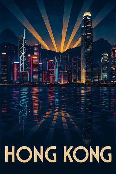 Hong Kong Night Skyline Poster – Futuristic Harbour &amp; Neon Reflections by Travel Shop