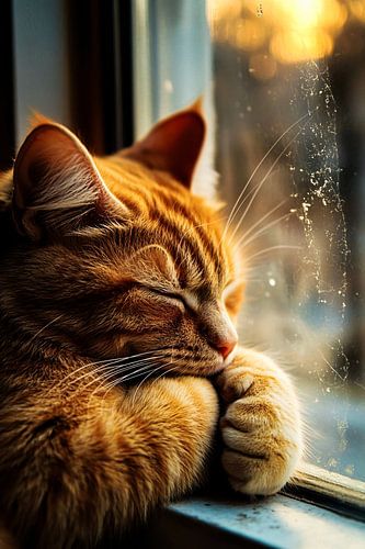 Slaapkat in zonlicht bij raam