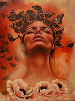 Vrouwenportret met Vlinders - spirituele kunst - schilderij met diepe symboliek