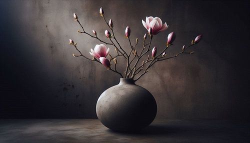 Branche de magnolia rose dans un vase globe sur Jessica Berendsen