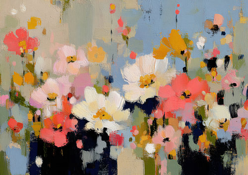 Abstract flower meadow in coral, white and blue