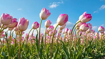Bloeiende paarse tulpen in de velden in Nederland in het voorjaar van Eye on You