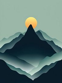 Ruhige Morgendämmerung's Umarmung: Eine minimalistische Berglandschaft mit goldener Sonne, die über ruhigen Gipfeln aufgeht