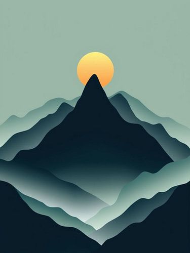 Tranquil Dawn's Embrace: Een minimalistisch berglandschap met een gouden zon die opkomt over serene bergtoppen