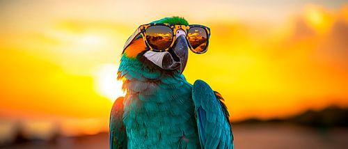 Papegaai met zonnebril in de zonsondergang