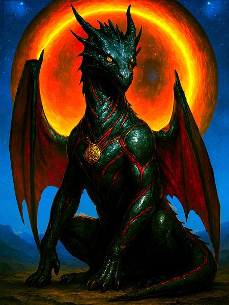 Mystical green and red dragon guardian at the portal by A.D. Digital ART