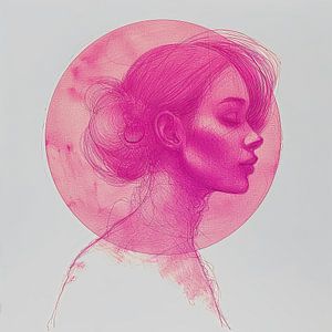 Dessin à la plume femme et profil en rose sur Vlindertuin Art