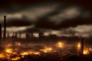 Dystopisch industrielandschap: vervallen gebouwen en vuurkorrels van Frank Heinz
