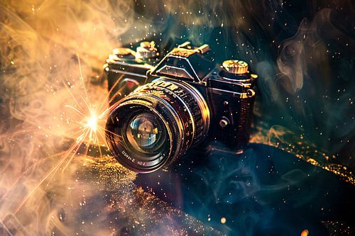 Vintage camera met magische vonken