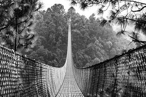 Pont suspendu au Népal en photo noir et blanc.