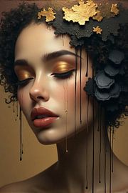 Golden Mysticism - Woman portrait with Black Dripping Paint