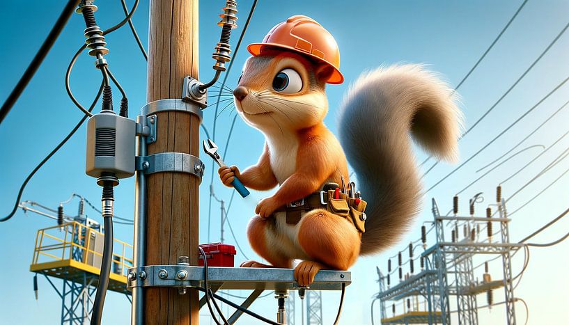 Squirrel electrician works on the electricity pylon by artefacti