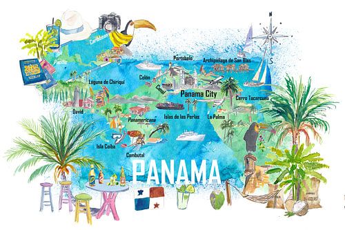 Carte de voyage illustrée du Panama avec les points forts touristiques et la Panaméricaine