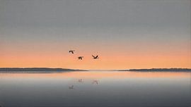 Paysage ZEN : des cygnes volent au-dessus de l'eau dans la lumière du matin