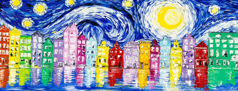 Sterrennacht boven Amsterdam van Artflow Schilderijen