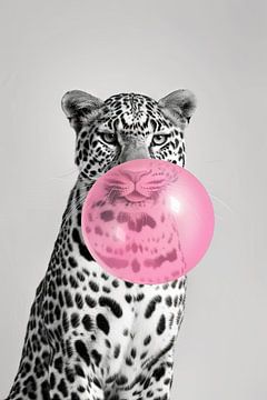 Luipaard blaast een grote roze kauwgomballon op van Felix Brönnimann