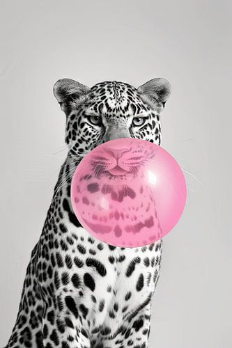 Luipaard blaast een grote roze kauwgomballon op