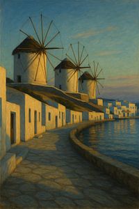 Mykonos im schwindenden Licht - Windmühlen bei Sonnenuntergang