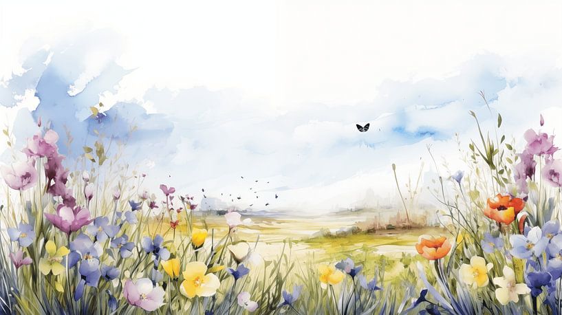 Pré printanier avec des fleurs dans un design d'art aquarelle par Animaflora PicsStock