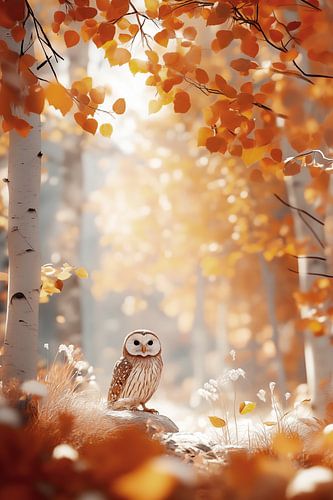 Uil in het bos in de herfst