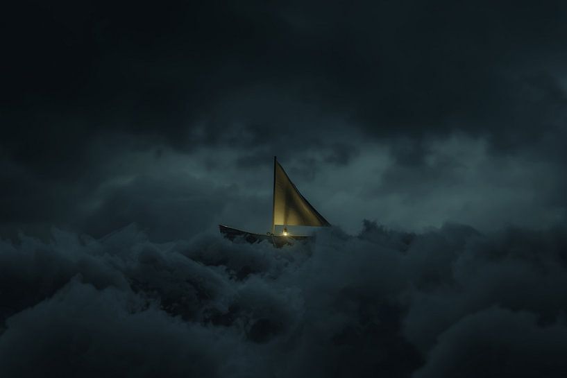 Single sailboat floating on dark sea of clouds by Besa Art