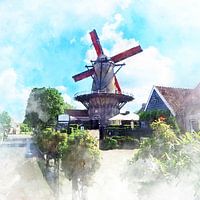 Aquarel beeld van de Molen van Sluis, Zeeuws-Vlaanderen