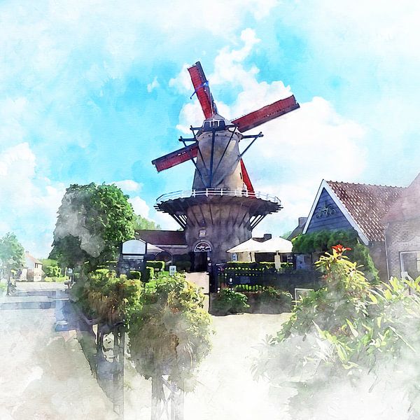 Watercolour image of the Sluis Mill, Zeeland Flanders by Danny de Klerk