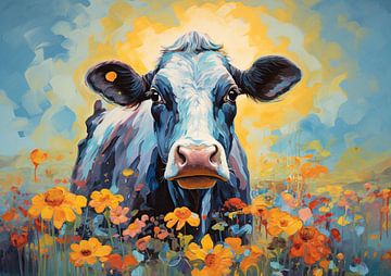 Koe in Bloemenveld van ARTEO Schilderijen