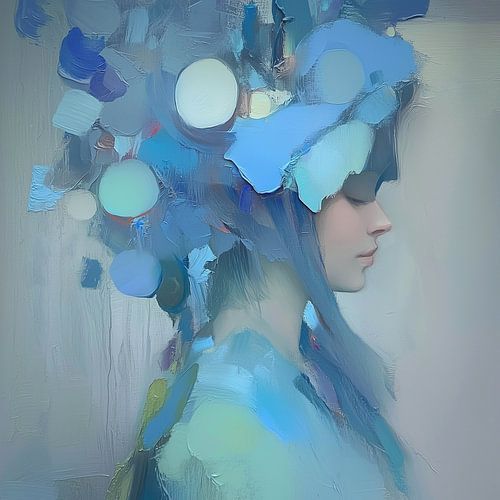 Portrait féminin rêveur dans des tons bleus flottants