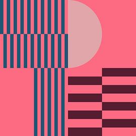 Abstract geometric art in retro style in pink, cobalt blue, wine red by Dina Dankers