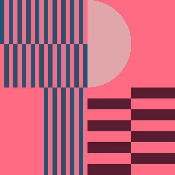 Abstrakte geometrische Kunst im Retrostil in rosa, kobaltblau, weinrot von Dina Dankers