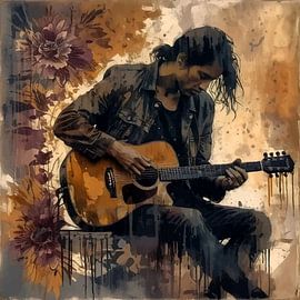 Résonance des cordes – Art abstrait représentant la silhouette d'un guitariste