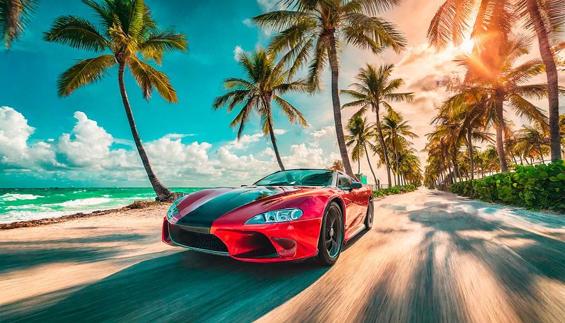 Sports car on the beach with sunset by Mustafa Kurnaz