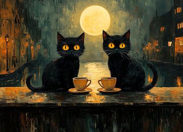 Zwei schwarze Katzen mit Tee im Mondlicht von Erika Kaisersot