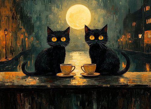 Twee zwarte katten met thee in het maanlicht