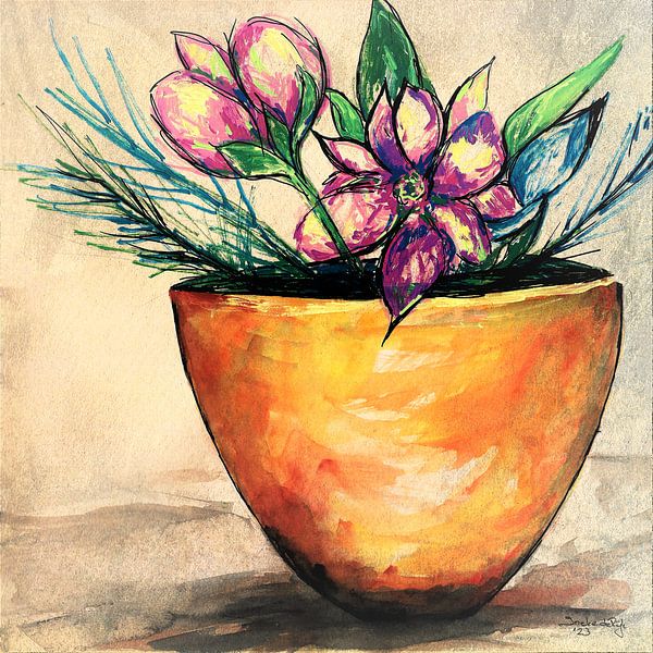 Terrakotta-Topf. Handbemaltes Aquarell. von Ineke de Rijk