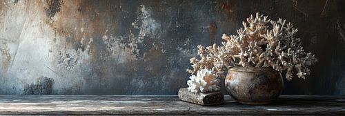 Koraal in vaas met robuuste donkere achtergrond als panorama