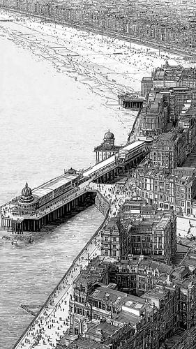 Illustration en noir et blanc d'une ville côtière