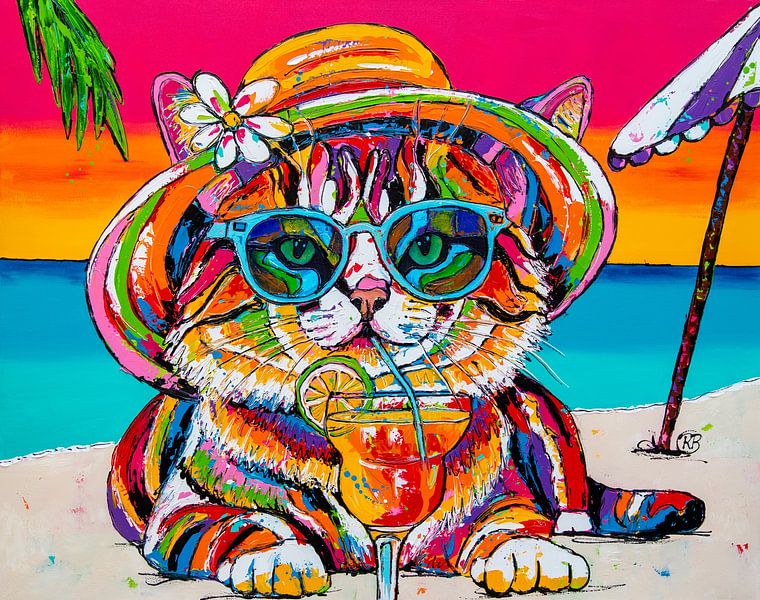 Cheerful cat on the beach by Happy Paintings / Renata Rolefes