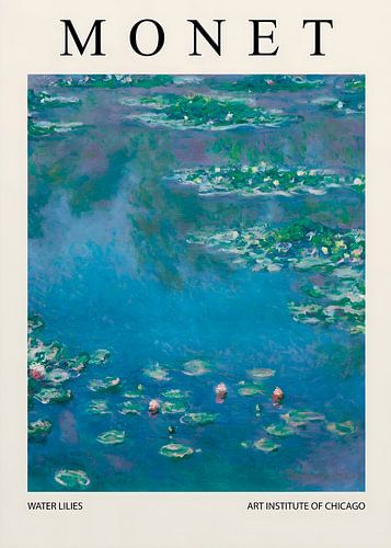 Impressionist Style Water Lilies Art Poster of Blue Pond and Flowers
