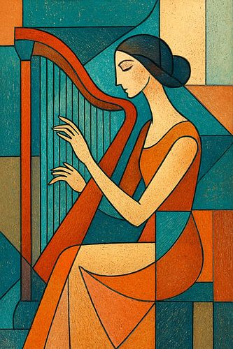 Woman playing harp geometric illustration.