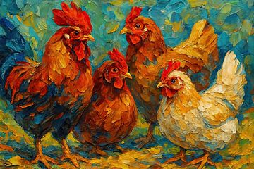 Kippenoverleg in de ochtendzon (schilderij dikke verf haan kip kleurrijk vrolijk boerderijdieren)