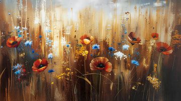 Champ de maïs atmosphérique avec coquelicots et bleuets sur Studio Pieternel