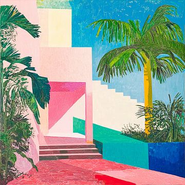 Kleurrijk schilderij met palmboom en architectuur van Vlindertuin-Art