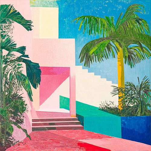 Kleurrijk schilderij met palmboom en architectuur