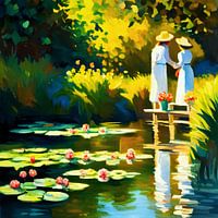 Two elegantly white dressed ladies at the garden pond